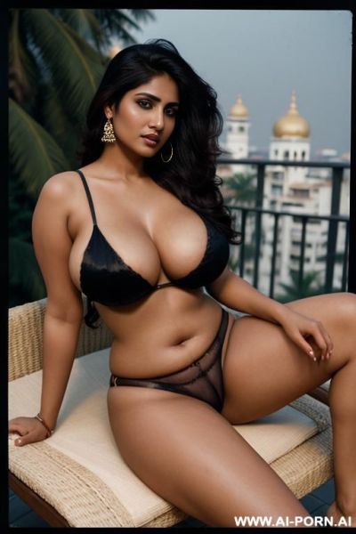 Long droopy boobs, nude, sitting on chaise, in balcony of luxurious hotel, (veena bhabhi), toned body, parted legs, shiny dusky skin, as a medieval hindu queen - ai-porn.ai on pornintellect.com