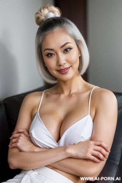 Japanese-american lady. tall, athletic, curvy. snow white hair in a chopstick bun. purple scarf. black work out clothes - ai-porn.ai - Usa on pornintellect.com