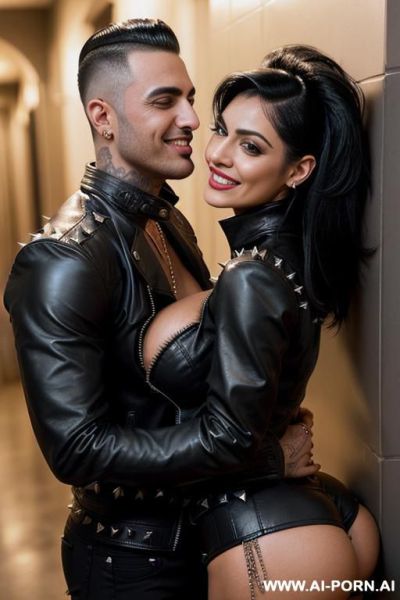 ((((arab rap milf hugging and kissing a muscular punk man on the lips)))) with ((((((gigantic tits)))))) and (((long hair))), (makeup) , (((tight spiked black leather jacket))) (((tight spiked black - ai-porn.ai on pornintellect.com