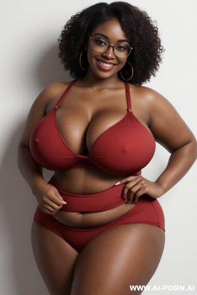 1woman, black woman, very dark skin, massive breasts, huge breasts, breast overflow, deep cleavage, curvy, chubby, thick thighs, wide hips, large afro, voluminous curly black hair, red glasses, brown - ai-porn.ai on pornintellect.com