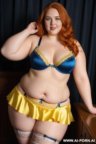 Half body photo shot close up. a ((british obese fat bbw redhead)), ((thick with love handless)). ((wearing a yellow sexy and hot garter belt lingerie, and a dark-blue ruffle silk micro-skirt)). she is smiling - ai-porn.ai - Britain on pornintellect.com