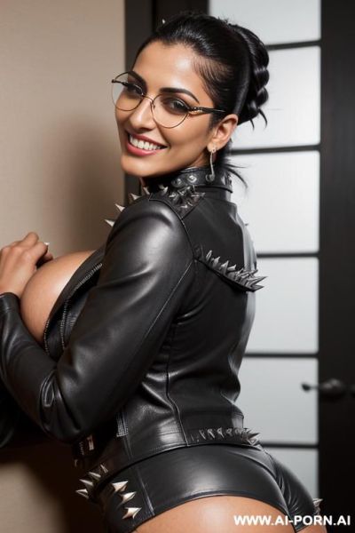 ((((nerdy arab rap milf hugging and kissing a muscular punk man on the lips)))) with ((((((gigantic tits)))))) and (((long hair))), (makeup) , (((tight spiked black leather jacket))) (((tight spiked - ai-porn.ai on pornintellect.com