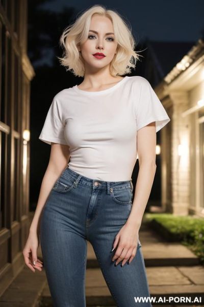 Pretty, american, 30, short wavy hair, platinum blonde hair, very white skin, slight smile, makeup, standing, spreading legs, tight white t-shirt, dark blue jeans, blurred background, night time, old mansion background. - ai-porn.ai - Usa on pornintellect.com