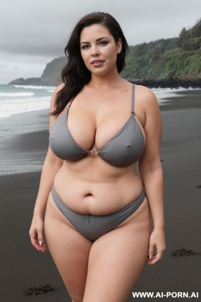 American milf, saggy tits, pear shape body figure, thick thighs, fat, grey sling swimwear, on a black sand beach, overcast weather, full shot - ai-porn.ai - Usa on pornintellect.com