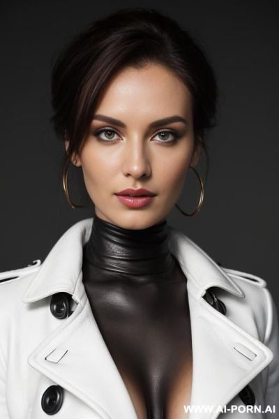 Front view, direct eye contact with viewer, white background, red leather coat, cleavage - ai-porn.ai on pornintellect.com