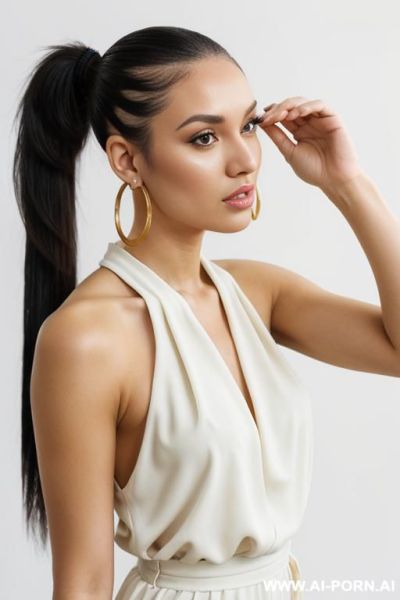 Hoop earrings, golden jumpsuit, direct eye contact with viewer, white background. - ai-porn.ai on pornintellect.com