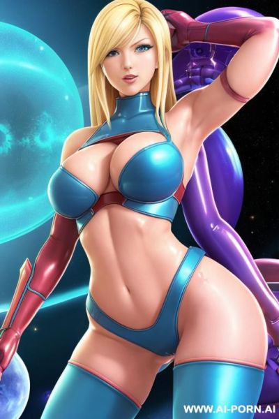 (samus aran), metroid, zero suite, fit body, (big boobs), space, blue, oily skin, neonlight, big round ass, - ai-porn.ai on pornintellect.com
