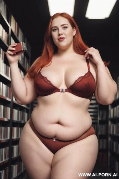 Half body photo shot close up. a ((british very obese fat bbw redhead)), ((thick with love handless)). ((wearing a tigth sexy and hot tapes of wraning,)). she is smiling - ai-porn.ai - Britain on pornintellect.com