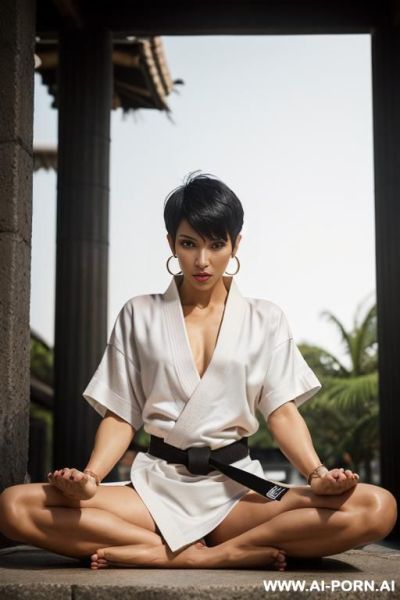 (((full body shot))), hoop earings, (stylish pixie haircut), (most beautiful women ever), (sexy milf), photorealistic image of an alluring sitting seductively on stone stairs, showing pussy, (legs - ai-porn.ai - India on pornintellect.com