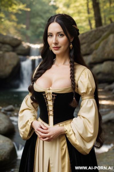 Woman with long black hair with a h of 147cm wearing tight office clothes with a plagiarized bra detail - ai-porn.ai on pornintellect.com