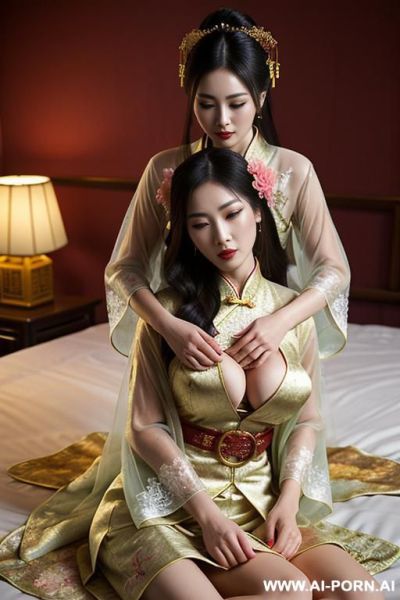 Tea party, full clothes, pleated dress, chinese clothes, traditional clothes, chinese wedding, old china outfit , lights color coat , 2 womens, lying on bed, women on top, hugging each other, laying on lab, - ai-porn.ai - China on pornintellect.com