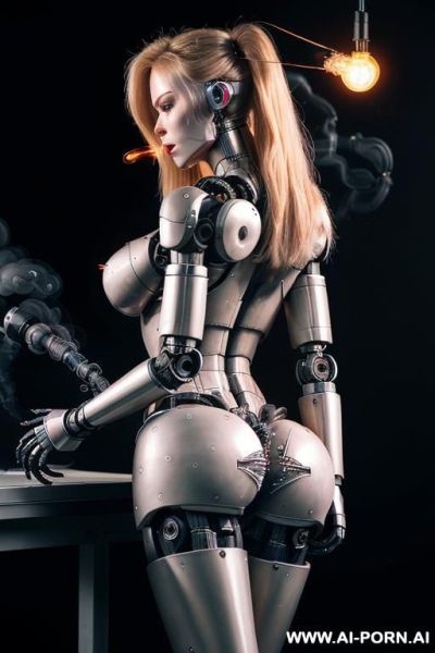 Damaged robot, back view, full body view, standing with legs apart, sticking out the ass, hands on desk, looking at viewer, angry face, shouting, beautiful, long straight blonde hair, big lips, - ai-porn.ai on pornintellect.com
