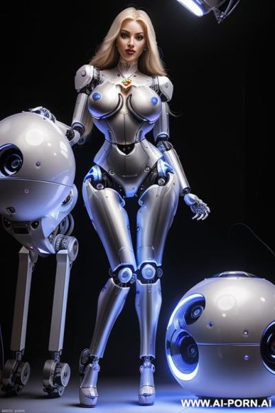 Robot, side view, full body view, siting in armchair in spaceship, spreading legs wide, arms on armrests, looking at viewer, beautiful seductive human face with tanned silicone skin, long straight - ai-porn.ai on pornintellect.com