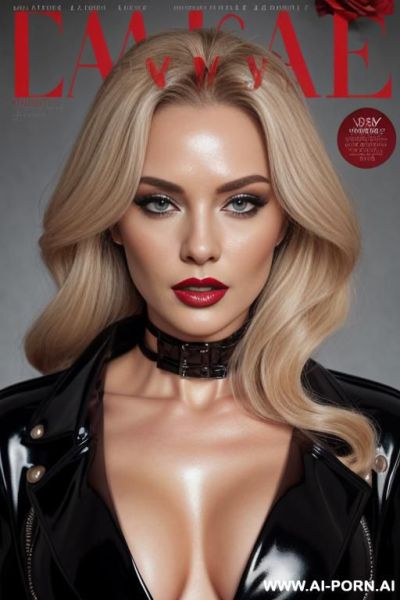 Magazine cover. ultrarealistic. front faceing. detailed. gray background. beautiful. cleavage. red roses. spring. black latex coat - ai-porn.ai on pornintellect.com