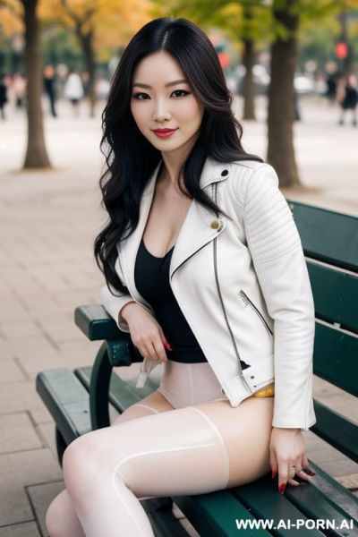Pretty, chinese, caucasian, 30, flowing wavy hair, white skin, natural boobs, slight smile, makeup, eye shw, sitting, long leather jacket, tights, high heels, blurred background, park bench background. - ai-porn.ai - China on pornintellect.com
