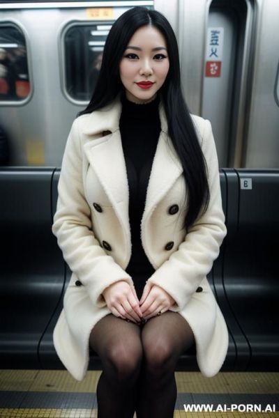 Pretty, chinese, caucasian, 30, flowing black hair, white skinl, natural boobs, slight smile, makeup, eye shw, sitting, long coat, tights, high heels, blurred background, subway train background. - ai-porn.ai - China on pornintellect.com