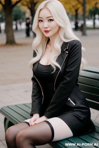 Pretty, chinese, caucasian, 30, flowing wavy hair, white skin, natural boobs, slight smile, makeup, eye shw, sitting, crossed legs, long black jacket, dress, tights, high heels, blurred background, park bench background. - ai-porn.ai - China on pornintellect.com