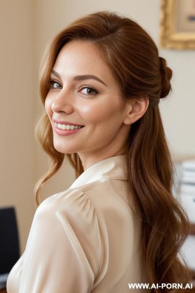 Californian woman, rich wavy chestnut hair pulled in a chignon, soft face, soft cheeks, rounded jawline, smiling, hazel eyes, wearing a cream silk blouse, natural beauty, in a classical office - ai-porn.ai on pornintellect.com
