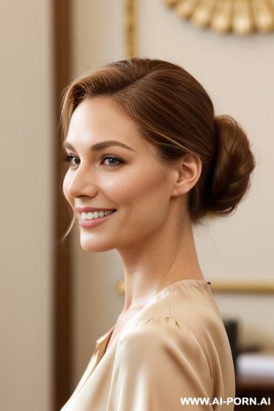 Californian woman, rich wavy chestnut hair pulled back in a chignon, soft face, soft cheeks, rounded jawline, smiling, hazel eyes, wearing a cream silk blouse, natural beauty, in a classical office, facing the camera, profile picture - ai-porn.ai on pornintellect.com
