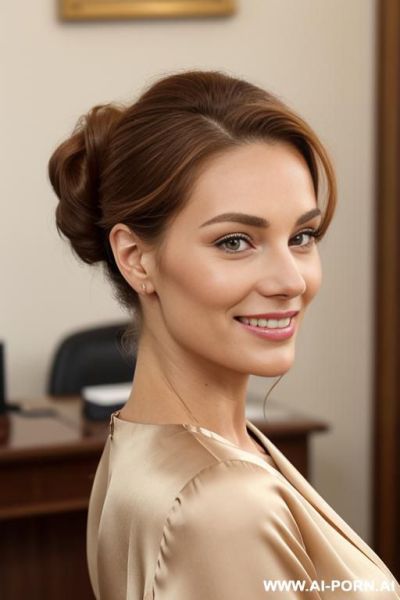 Californian woman, rich wavy chestnut hair pulled back in a chignon, soft face, soft cheeks, rounded jawline, smiiling, hazel eyes, wearing a cream silk blouse, natural beauty, in a classical office - ai-porn.ai on pornintellect.com