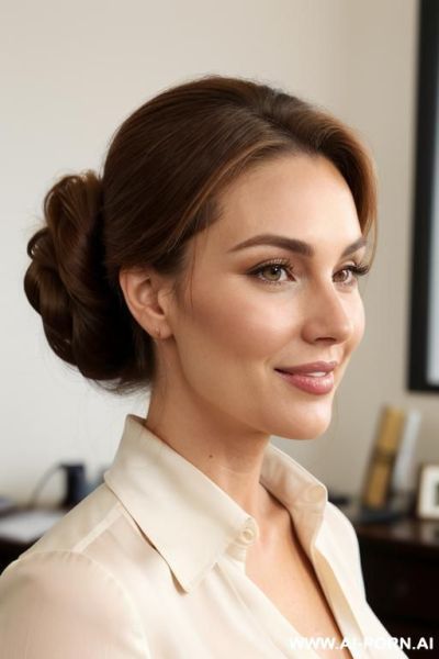 Californian woman in her late 20s, rich wavy chestnut hair pulled back in a chignon, soft face, full cheeks, soft jawline, polite smile, m hazel eyes, wearing a cream-colored silk blouse with - ai-porn.ai on pornintellect.com