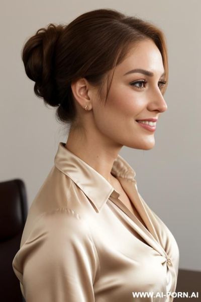Californian woman in her late 20s, rich wavy chestnut hair pulled back in a chignon, soft femi face, full cheeks, jawline, polite smile, m hazel eyes, wearing a cream-colored silk blouse with - ai-porn.ai on pornintellect.com