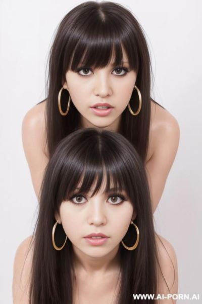 Big hoop earrings, long full hair, bending down, front view, direct eye contact with viewer, white background. - ai-porn.ai on pornintellect.com