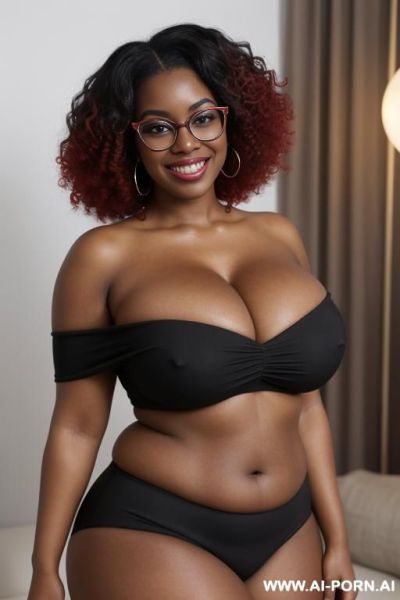 1woman, black woman, very dark skin, massive breasts, huge breasts, breast overflow, deep cleavage, curvy, chubby, thick thighs, wide hips, large afro, voluminous curly black hair, red glasses, brown - ai-porn.ai on pornintellect.com