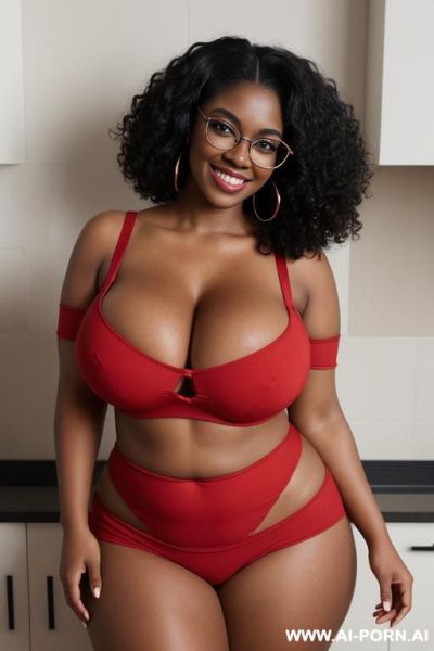 1woman, black woman, very dark skin, massive breasts, huge breasts, breast overflow, deep cleavage, curvy, chubby, thick thighs, wide hips, large afro, voluminous curly black hair, red glasses, brown - ai-porn.ai on pornintellect.com