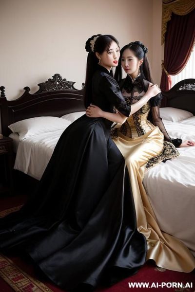 Room, victorian dress, voluminous dress, full clothes, long black dress, lying on bed, hugging each other, many housemaid in background - ai-porn.ai on pornintellect.com