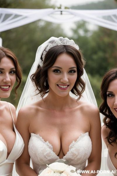 Three sexy topless brides stand behind, sexy happy face, short fluffy curly hair, wedding veil, very massive tits, direct eye contact with viewer, medium shot. - ai-porn.ai on pornintellect.com