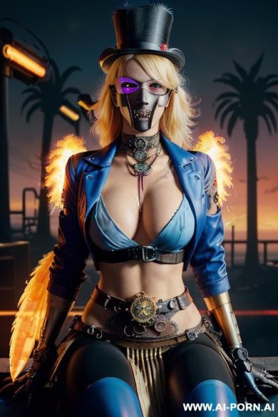 ((((masterpiece)))), (((woman sitting))), (glowing red eyes), (long blue purple and white hair with a flower), ((crop top white collar shirt with red tie)), ((((flaming angel wing)))), ((navy formal - ai-porn.ai on pornintellect.com