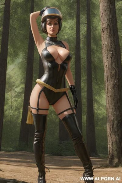 A woman in a tight bodysuit wearing a helmet with her breasts exposed - ai-porn.ai on pornintellect.com
