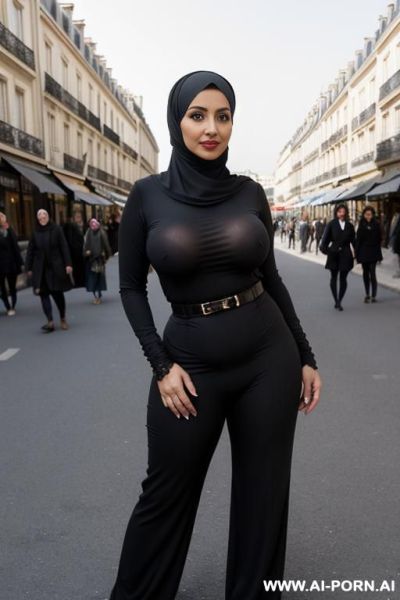 3-year-old moroccan woman in paris, black jilbab, very tight black long-sleeve top emphasizing large breasts, white high-waisted pants, confident pose with hand on hip, parisian street with classic - ai-porn.ai - Morocco on pornintellect.com