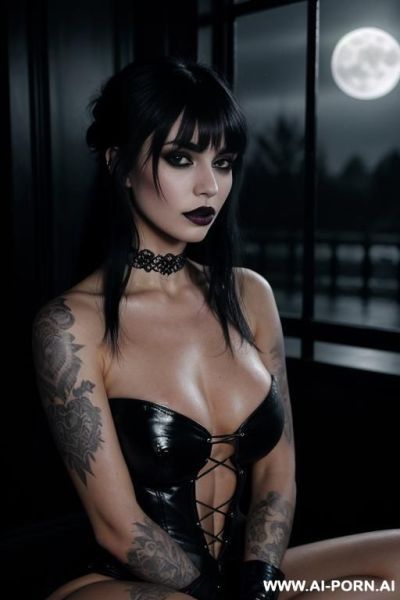 Dark gothic woman, skin, long black hair, smoky eyes, black lipstick, lace choker, silver rings, fishnet sleeves, platform boots, moonlight glow, melancholic expression, dark aesthetic, victorian goth - ai-porn.ai on pornintellect.com