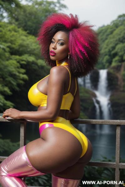 (((shiny pink red yellow color outfit))), (( rap snaekers ))extremely long droopy massive boobs hanging stretched very long way, droopy long breasts, sexy ultrarealistic, beautiful, ((big lips)), ( - ai-porn.ai on pornintellect.com
