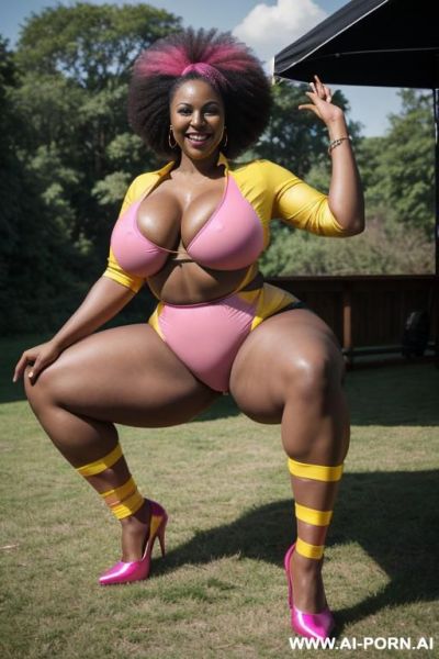 (((shiny pink red yellow color outfit))), (( snaekers ))extremely long droopy massive boobs hanging stretched very long way, droopy long breasts, sexy ultrarealistic, beautiful, ((big lips)), ( african - ai-porn.ai on pornintellect.com