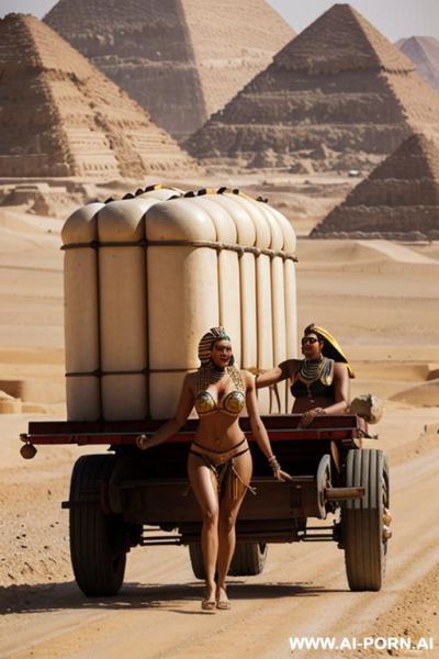 Road train transporting heavy oversized loads in ancient egyptian scene in a desert ambiente - ai-porn.ai - Egypt on pornintellect.com