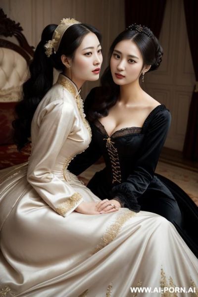 Room, victorian dress, voluminous dress, full clothes, black dress, lying on lap, hugging each other, many housemaid in background - ai-porn.ai on pornintellect.com