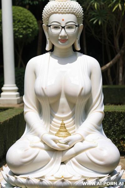 Thai, fair skin, plump, big breasts, curly hair, glasses, white see-through dress, garden, buddha statue. - ai-porn.ai - Thailand on pornintellect.com