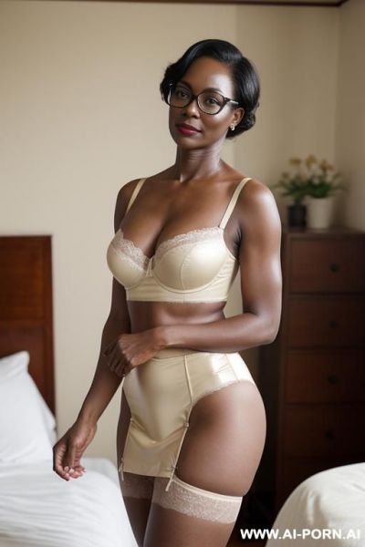 Keep face, latex lingerie, brightly lit room, full body view, standing position, side view, slightly chubby stomach, looking directly at viewer - ai-porn.ai on pornintellect.com