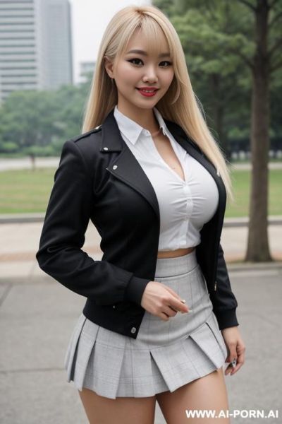 1 girl, pornstar, woman, milf, 4, middle eastern, platinum blonde, voloptuos, full-bosomed, hourglass, athletic, gigantic breasts, big round breasts, massive breasts, huge boobs, high ponytail, full - ai-porn.ai on pornintellect.com