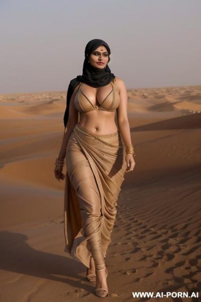 Create video indian women wearing sari with leather leggings and straps high heels, niqab walking at desert tods horizon sand storm fusion dress - ai-porn.ai - India on pornintellect.com