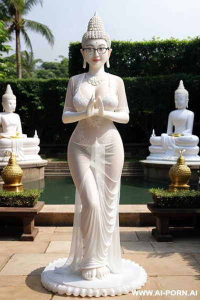 Thai, fair skin, plump, big breasts, curly hair, glasses, white see-through dress, garden, buddha statue. - ai-porn.ai - Thailand on pornintellect.com