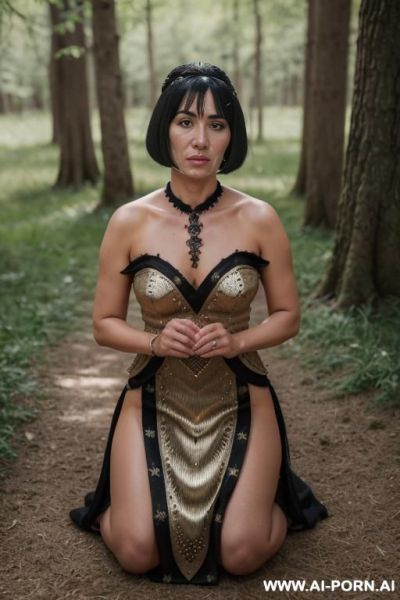 A sexy beautiful elegant toned olive skin jet black hair almond eyes round face ethnic central asian wife just kneels and handcuffed, three quarter view - ai-porn.ai on pornintellect.com