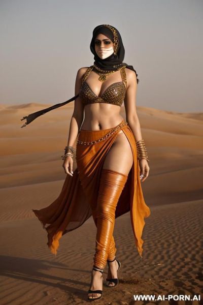 Colourful create video indian women wearing sari with leather leggings and straps high heels, niqab walking at desert tod horizon sand storm fusion dress - ai-porn.ai - India on pornintellect.com