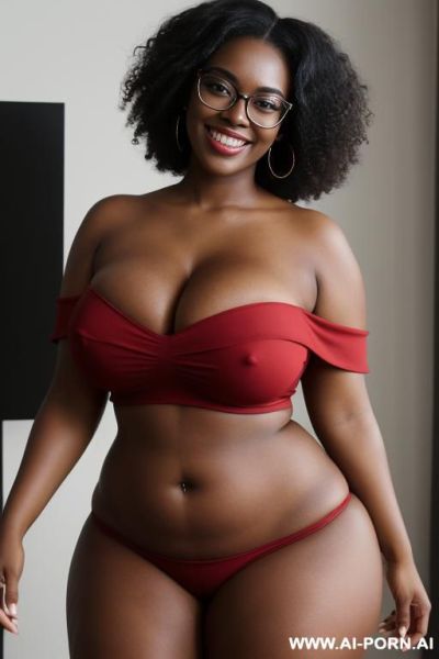 1woman, black woman, very dark skin, massive breasts, huge breasts, breast overflow, deep cleavage, curvy, chubby, thick thighs, wide hips, large afro, voluminous curly black hair, red glasses, brown - ai-porn.ai on pornintellect.com