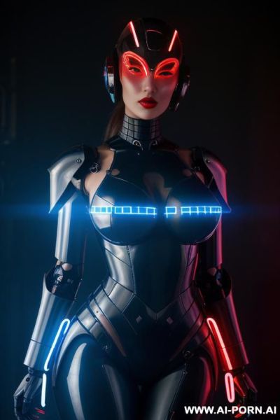 High heels. humanoid buxom robot women soldier with armour and weapons neon light dress police officer blue red - ai-porn.ai on pornintellect.com