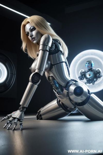 Damaged robot, back view, full body view, lying on stomach on floor in spaceship, metallic dildo in right hand, spreading straight legs, beautiful angry human face with tanned silicone skin, - ai-porn.ai on pornintellect.com