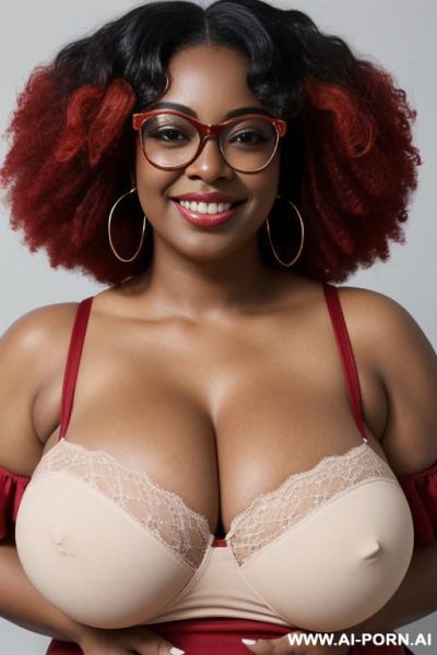 1woman, black woman, very dark skin, massive breasts, huge breasts, breast overflow, deep cleavage, curvy, chubby, thick thighs, wide hips, large afro, voluminous curly black hair, red glasses, brown - ai-porn.ai on pornintellect.com